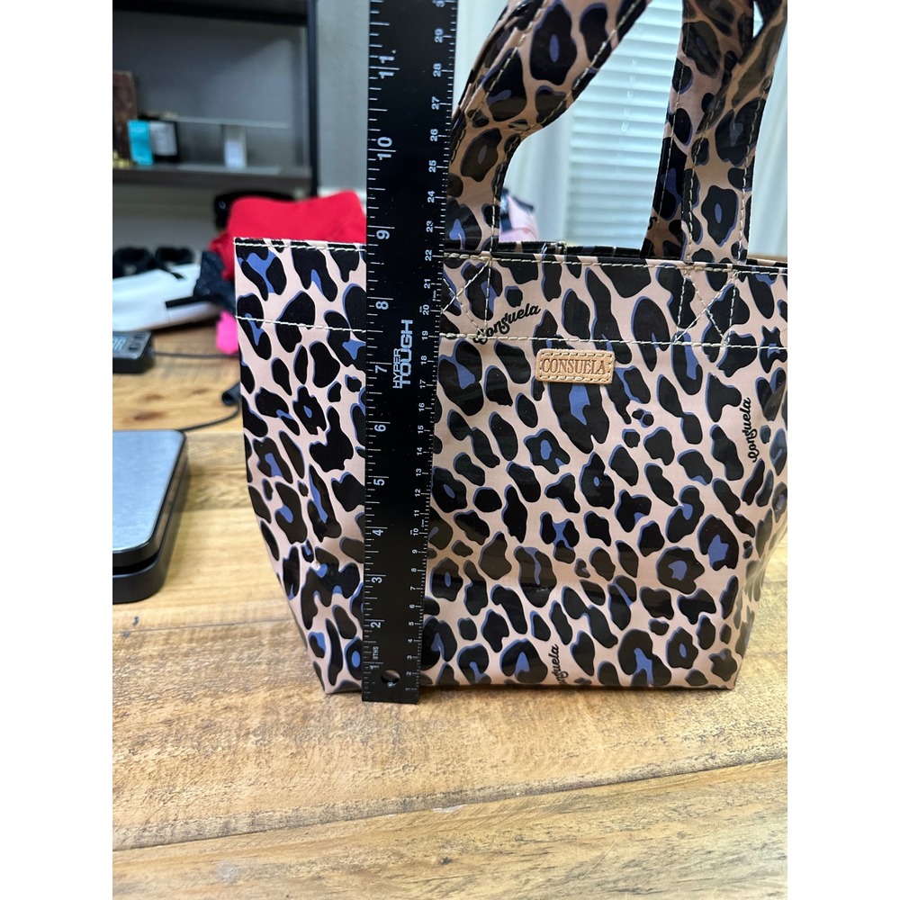 Consuela Tote Leopard Print Blue Tan Black Glossy Coated Canvas Bag NEW - Picture 2 of 7